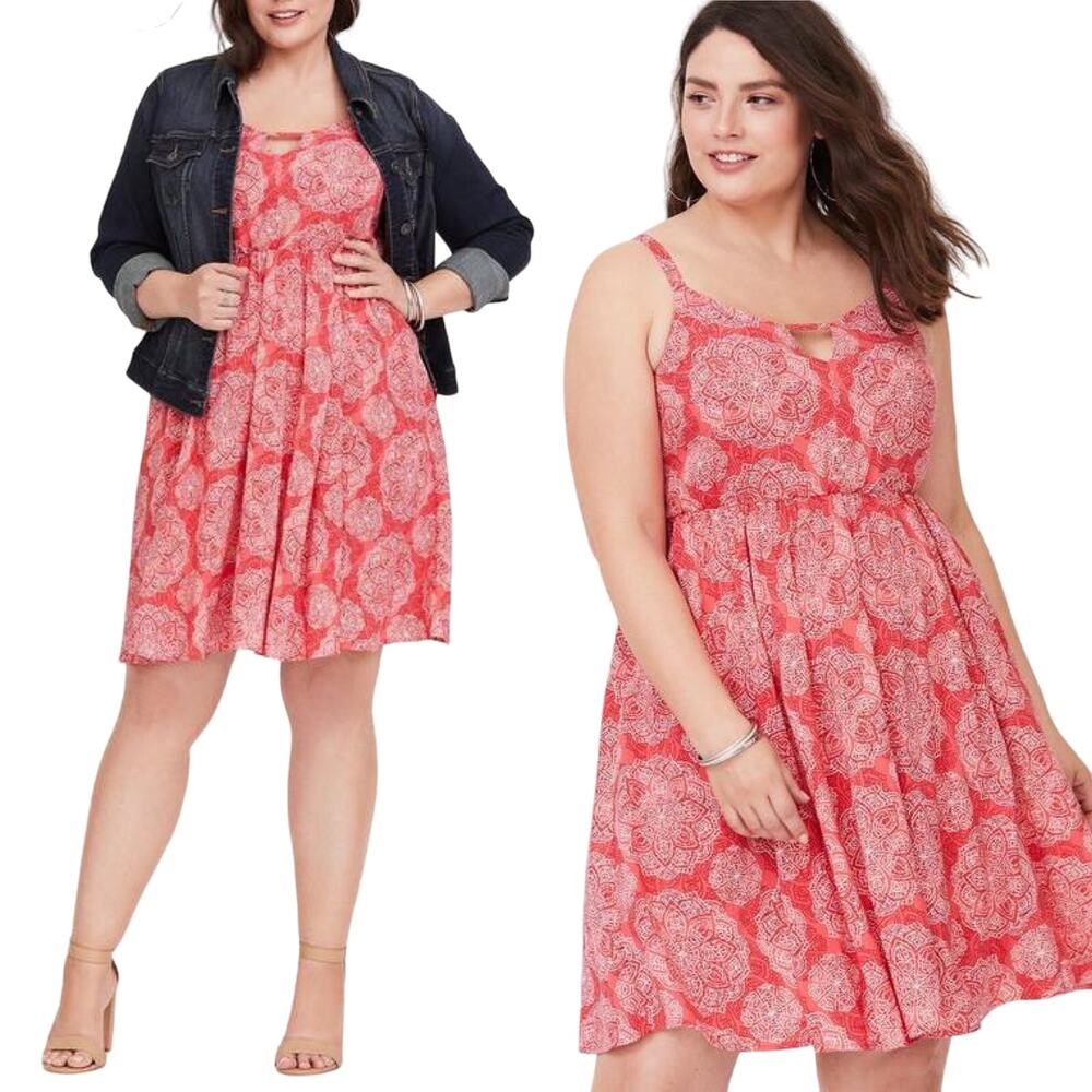 Torrid Mini Dress Fit & Flare Medallion Print Smocked Coral Plus NWOT Womens 4X